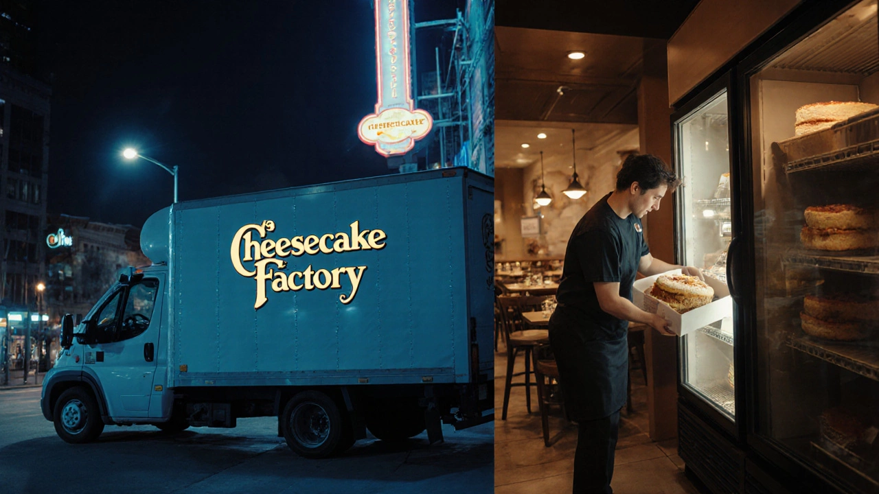 A refrigerated truck delivers frozen cheesecakes to a restaurant at night.