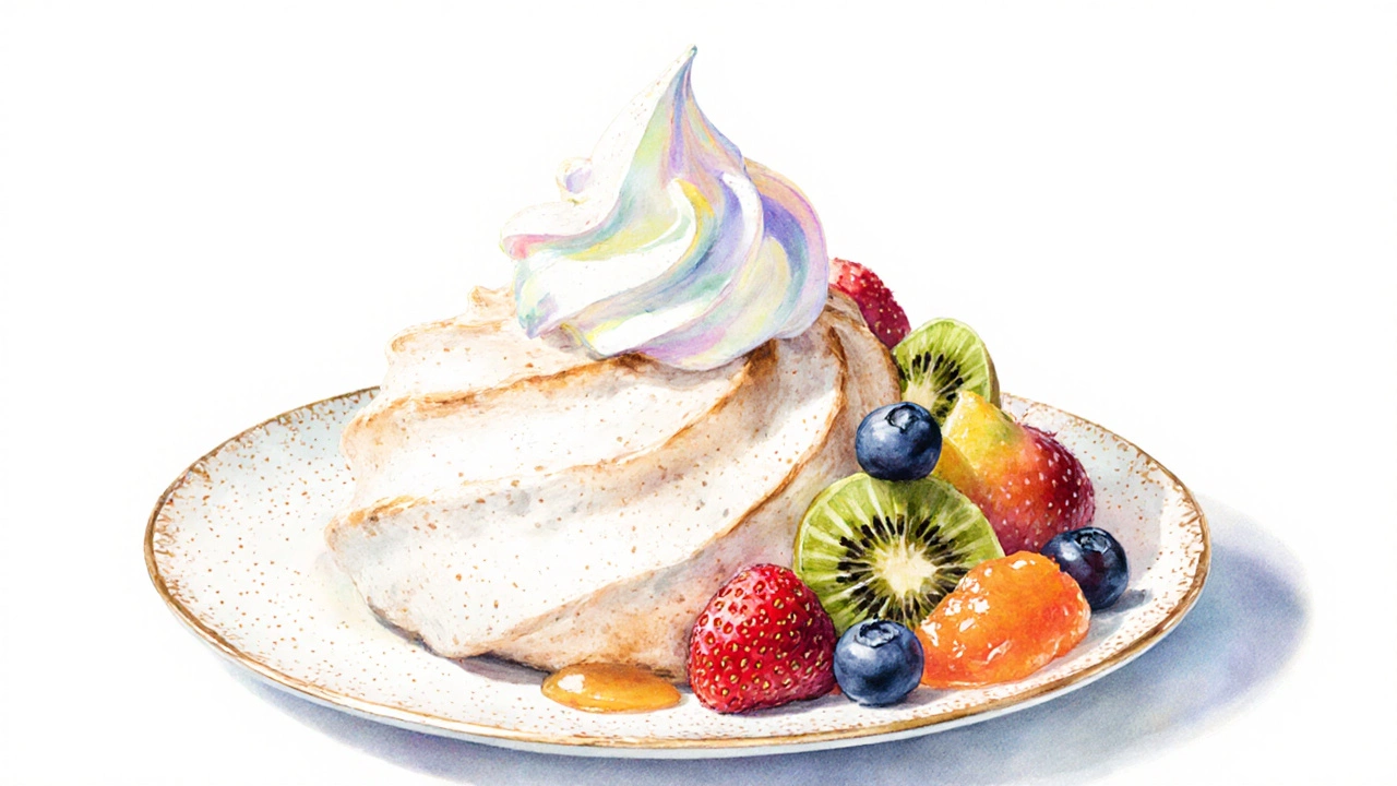 A round pavlova topped with whipped cream and colorful fresh fruit on a white plate.