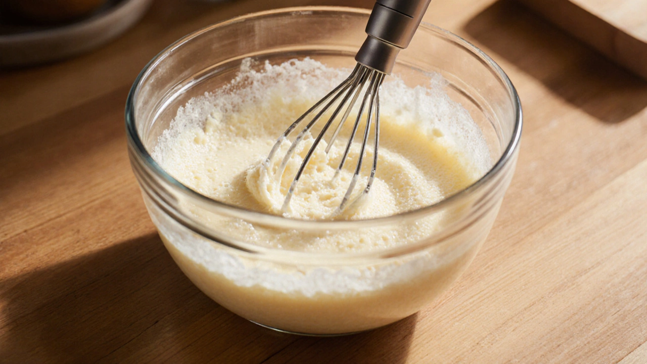Butter being creamed in a bowl with an electric mixer.
