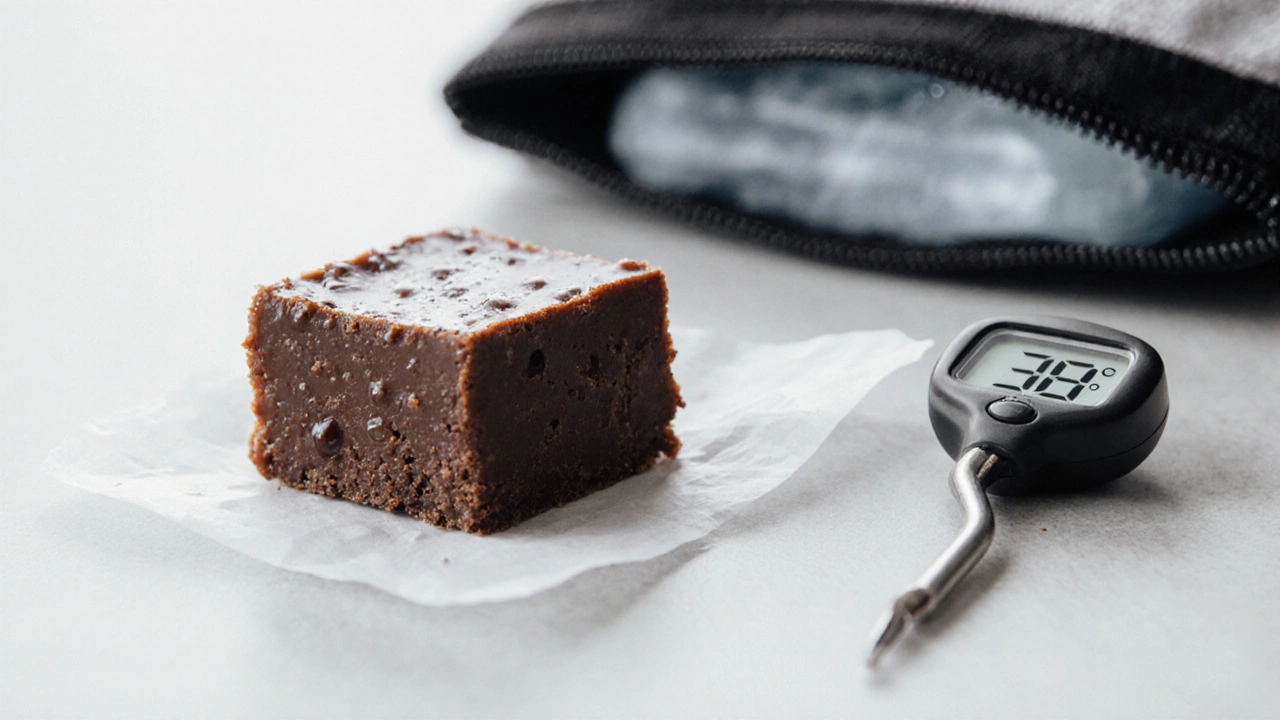 Close-up of a glossy fudge piece with condensation and a thermometer beside it.