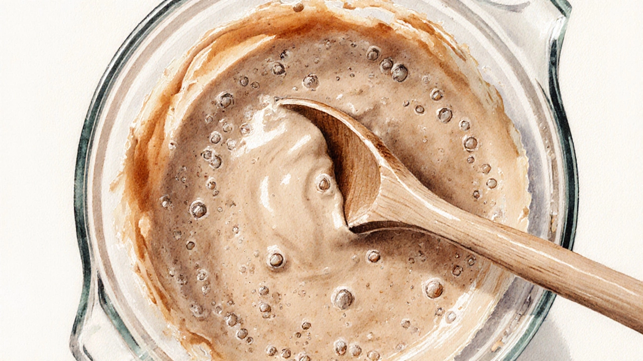 Close-up of glossy fudge being stirred, showing tiny air bubbles and smooth texture.