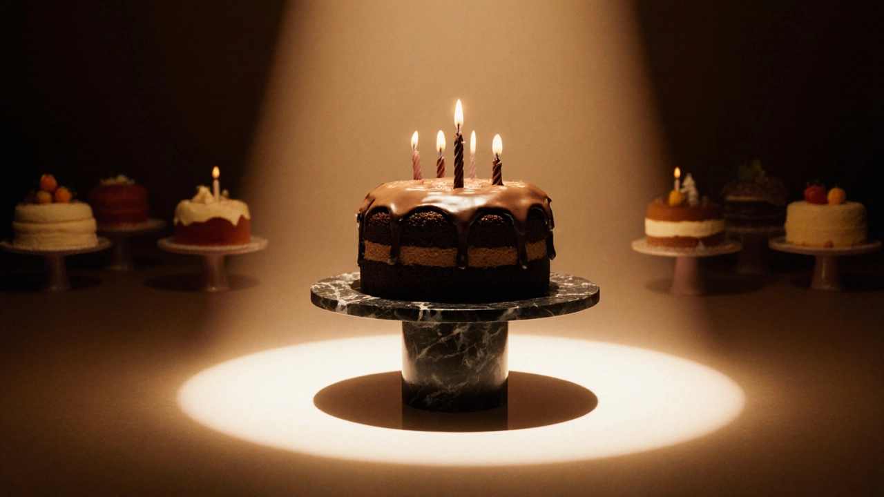 Dramatic spotlight on a chocolate cake on a pedestal with faint silhouettes of other cakes behind.