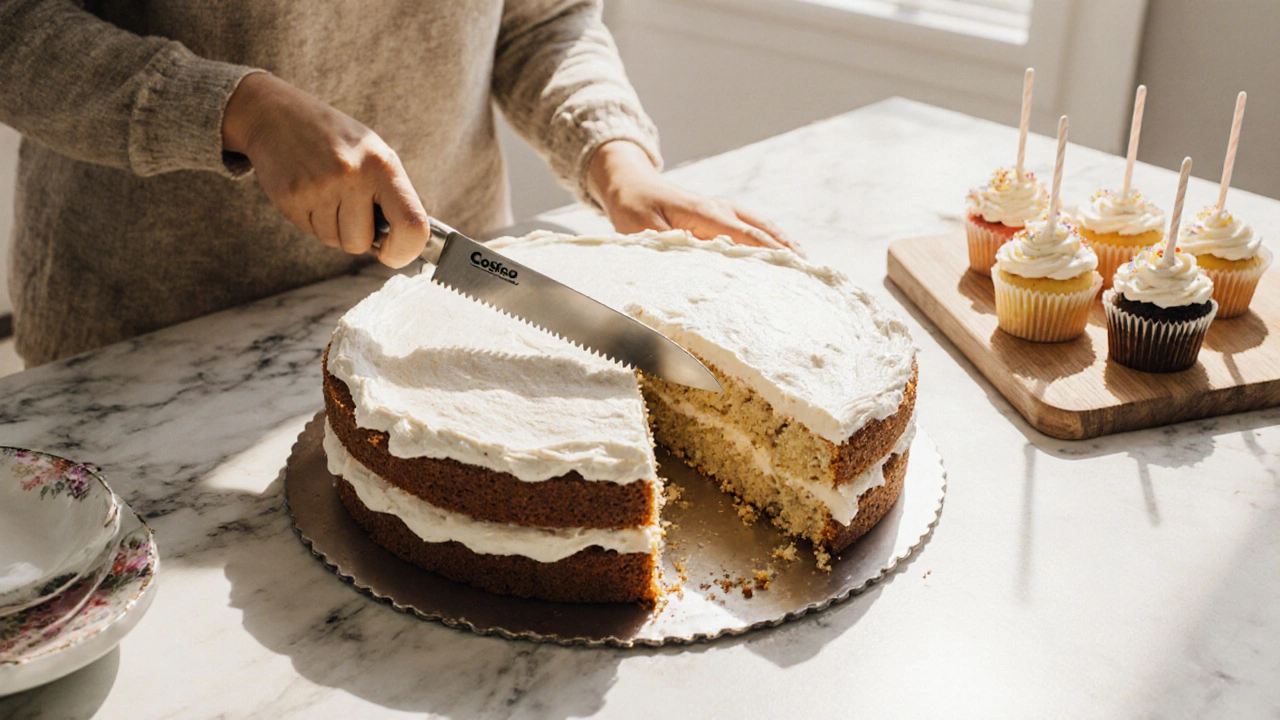Family kitchen scene cutting a full‑sheet Costco cake into a half‑sheet size.