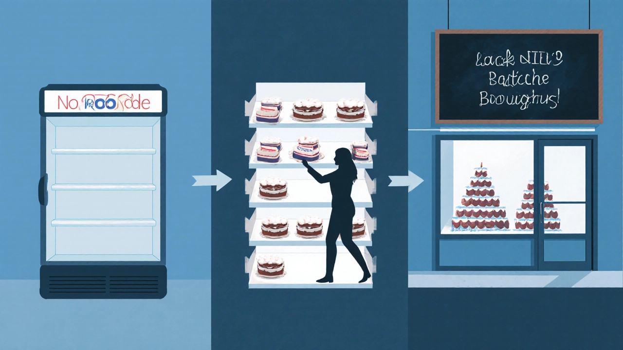 Flat‑design collage showing empty case, frozen cake aisle, and local bakery alternatives.