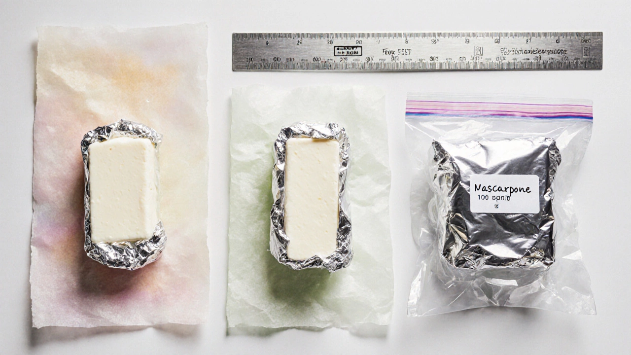 Flat lay of mascarpone portions wrapped in paper, foil, and bag for freezing.