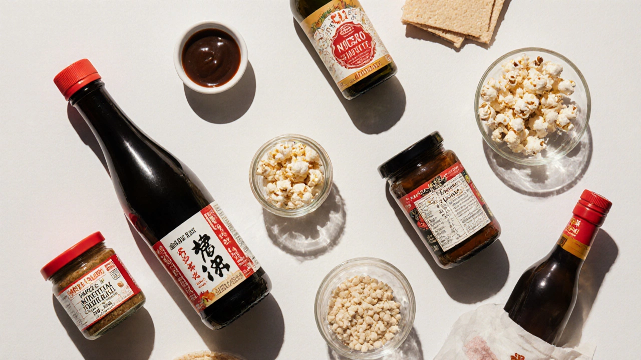 Flat‑lay of soy sauce, miso, nutritional yeast, olive oil, hot sauce, popcorn, rice cakes, and vinegar.