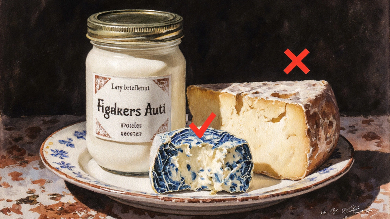 Fresh mascarpone jar beside spoiled cheeses with checkmark and X symbols