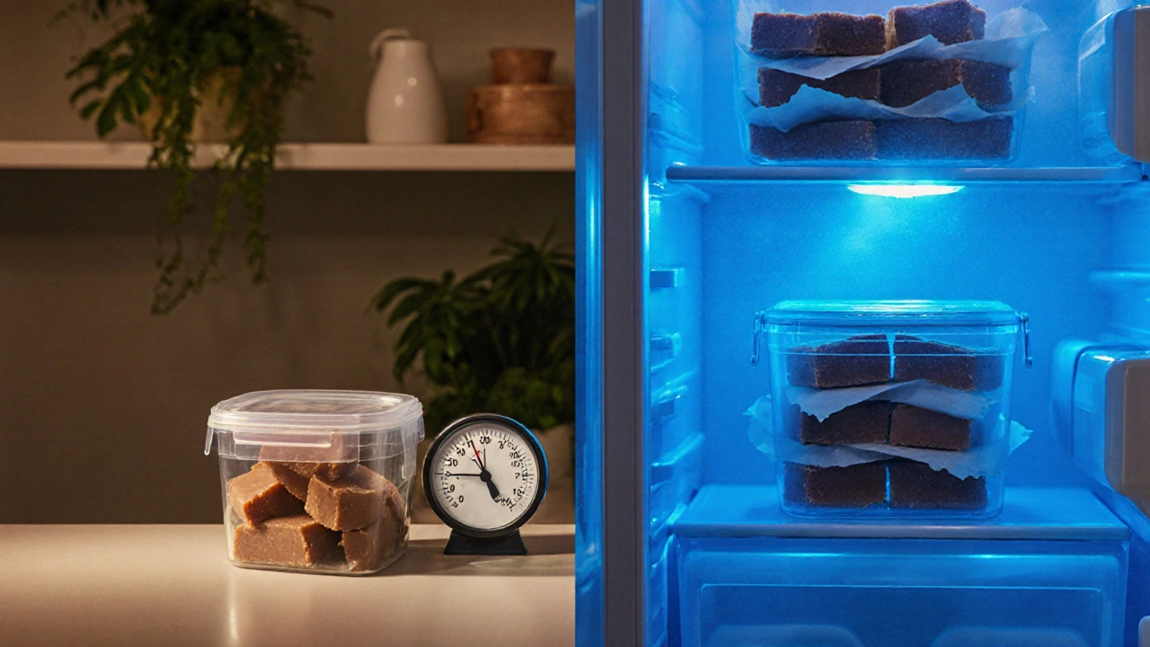 Fudge in a fridge next to a hot kitchen counter with humidity in the air.
