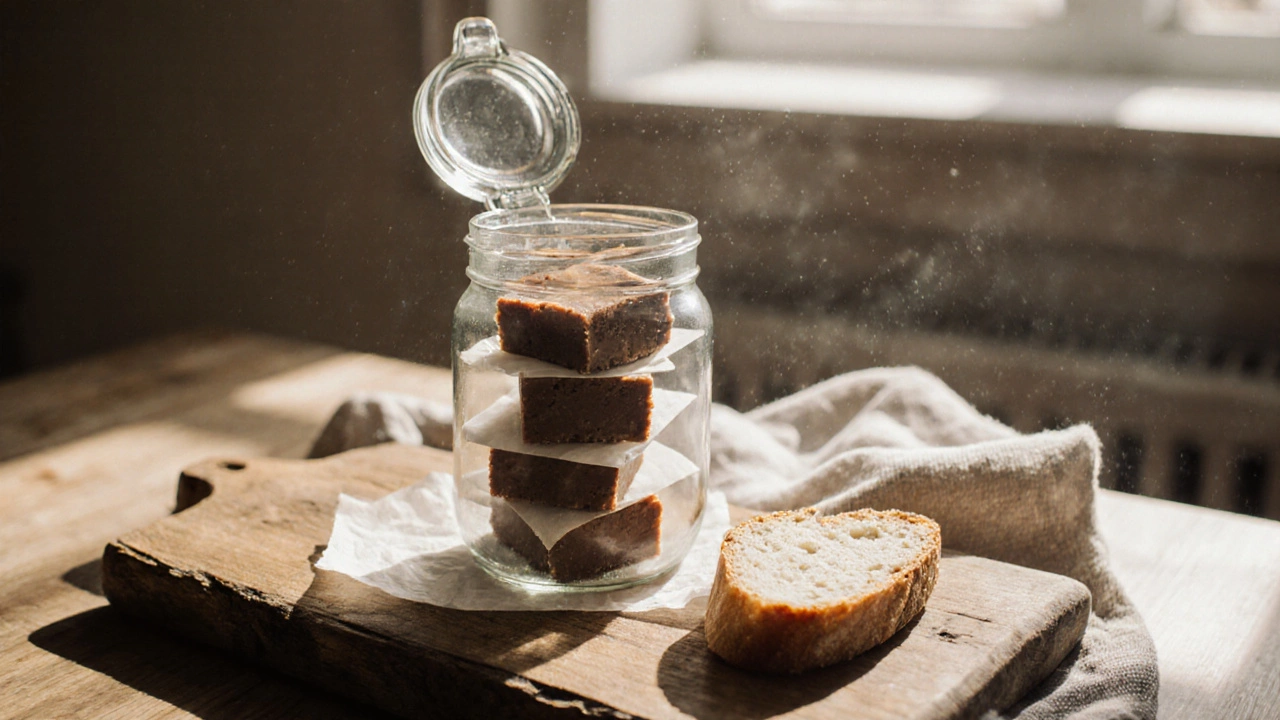 Fudge squares wrapped in parchment, stored with a slice of bread in an airtight container on a wooden board.