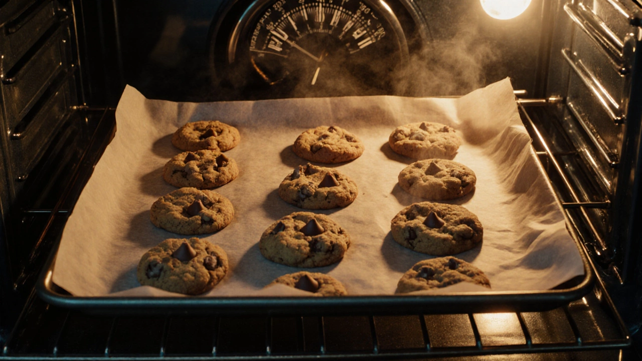 Golden cookies on parchment on a light baking sheet in an oven.