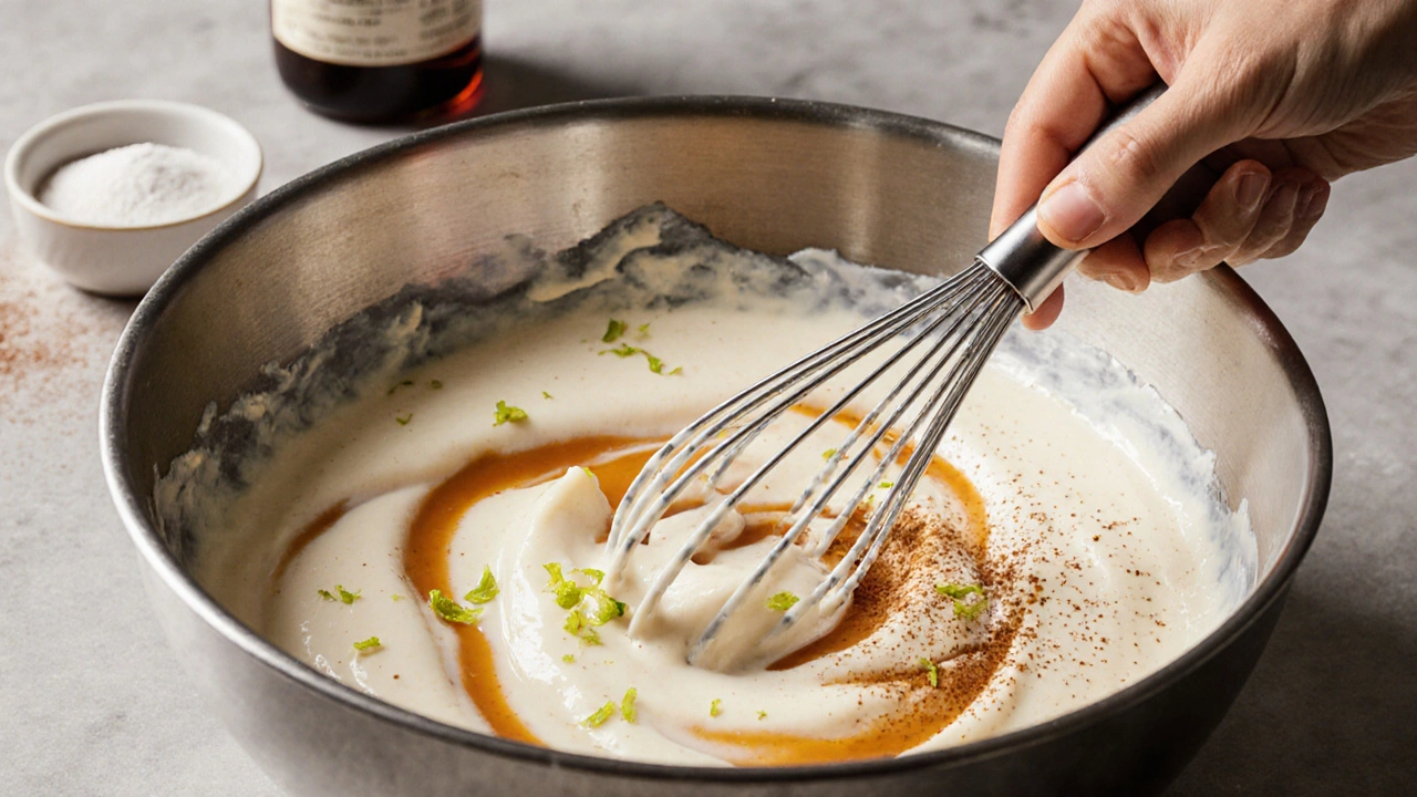 Hand whisking creamy cheesecake batter with dulce de leche, lime zest, and cinnamon.