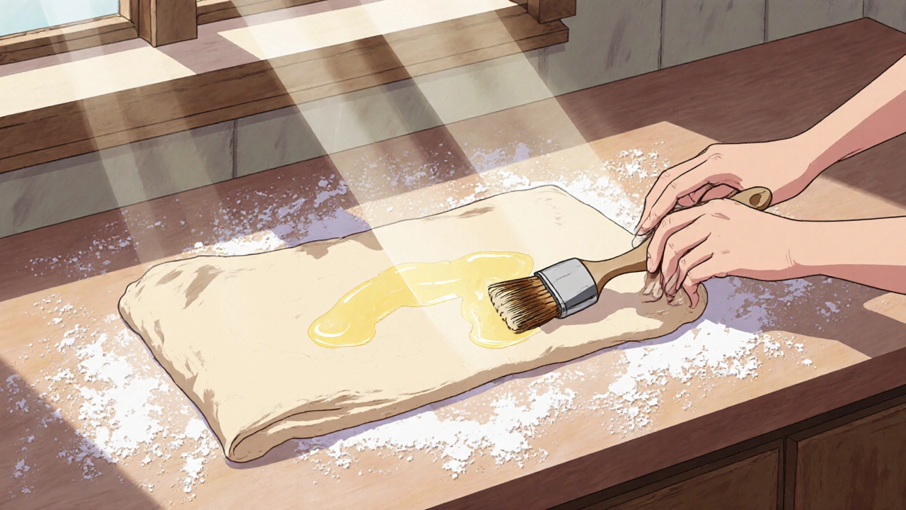 Hands folding butter-brushed dough for a cash cake on a kitchen counter.