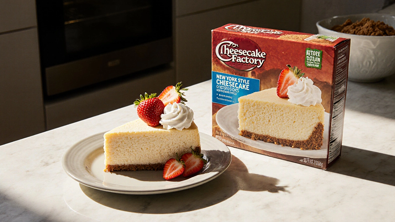 Identical cheesecake slices side by side: one served in a restaurant, one from a grocery store.