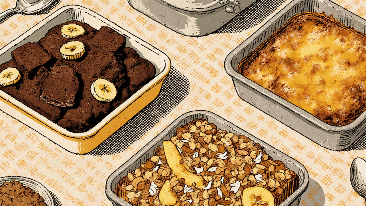 Illustration of chocolate banana, apple cinnamon, and pineapple dump cakes with toppings.