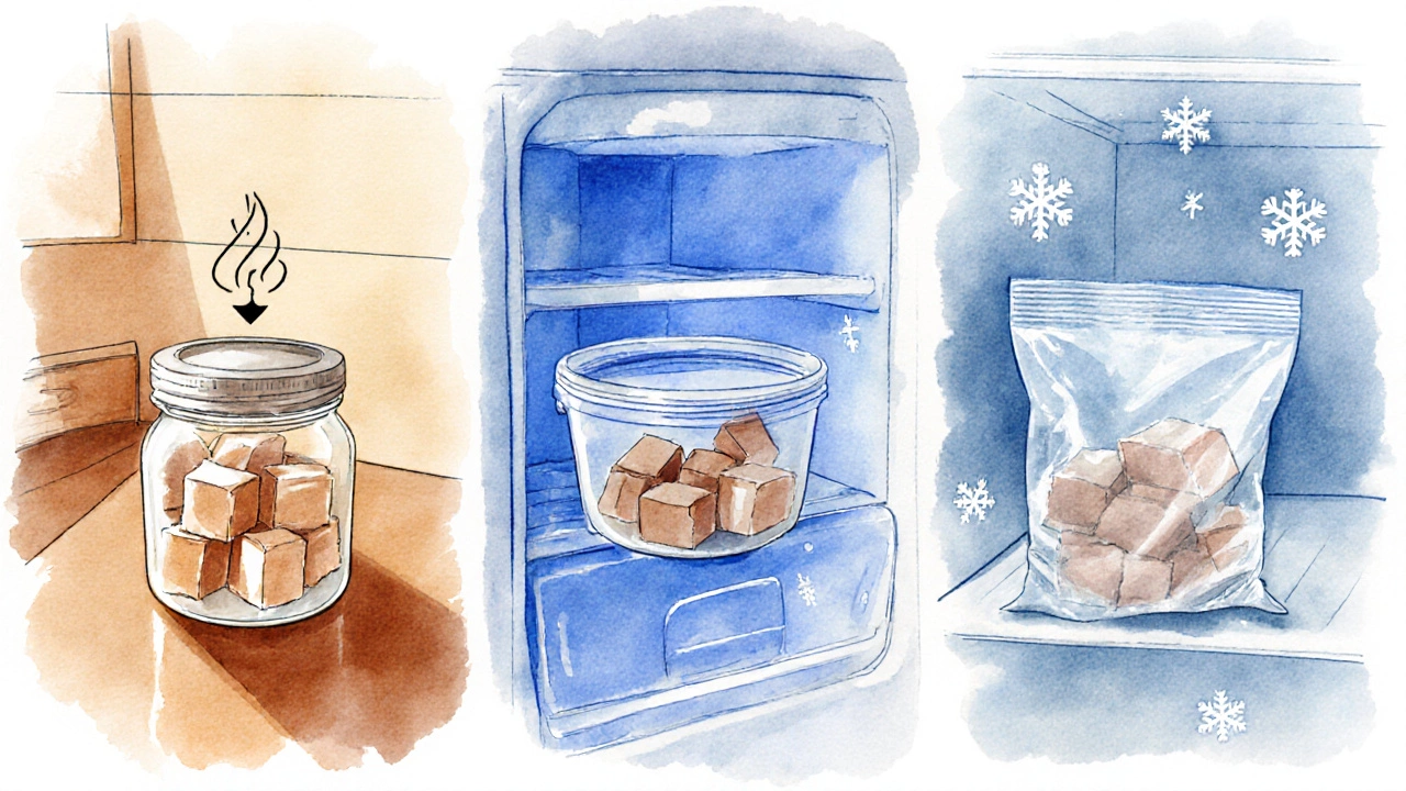 Illustration of fudge stored in a jar, fridge tub, and freezer bag with temperature cues.