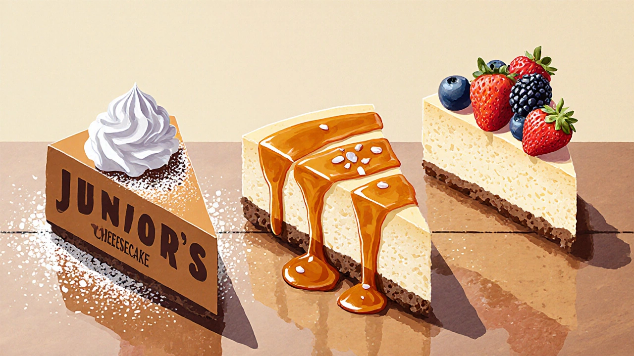 Illustration of three cheesecake slices showing whipped cream, caramel drizzle, and fresh berries toppings.
