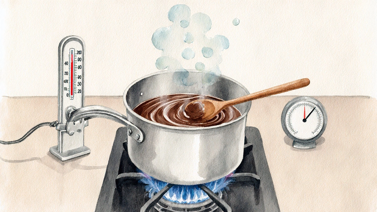 Kitchen scene with a simmering pot, candy thermometer, wooden spoon stirring, and visible humidity droplets.