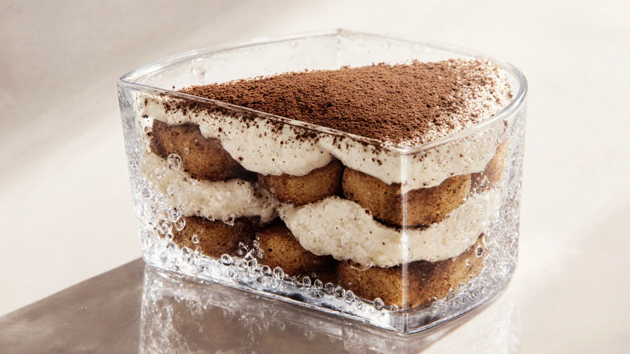 Layered tiramisu in glass dish showing creamy mascarpone and coffee-soaked biscuits