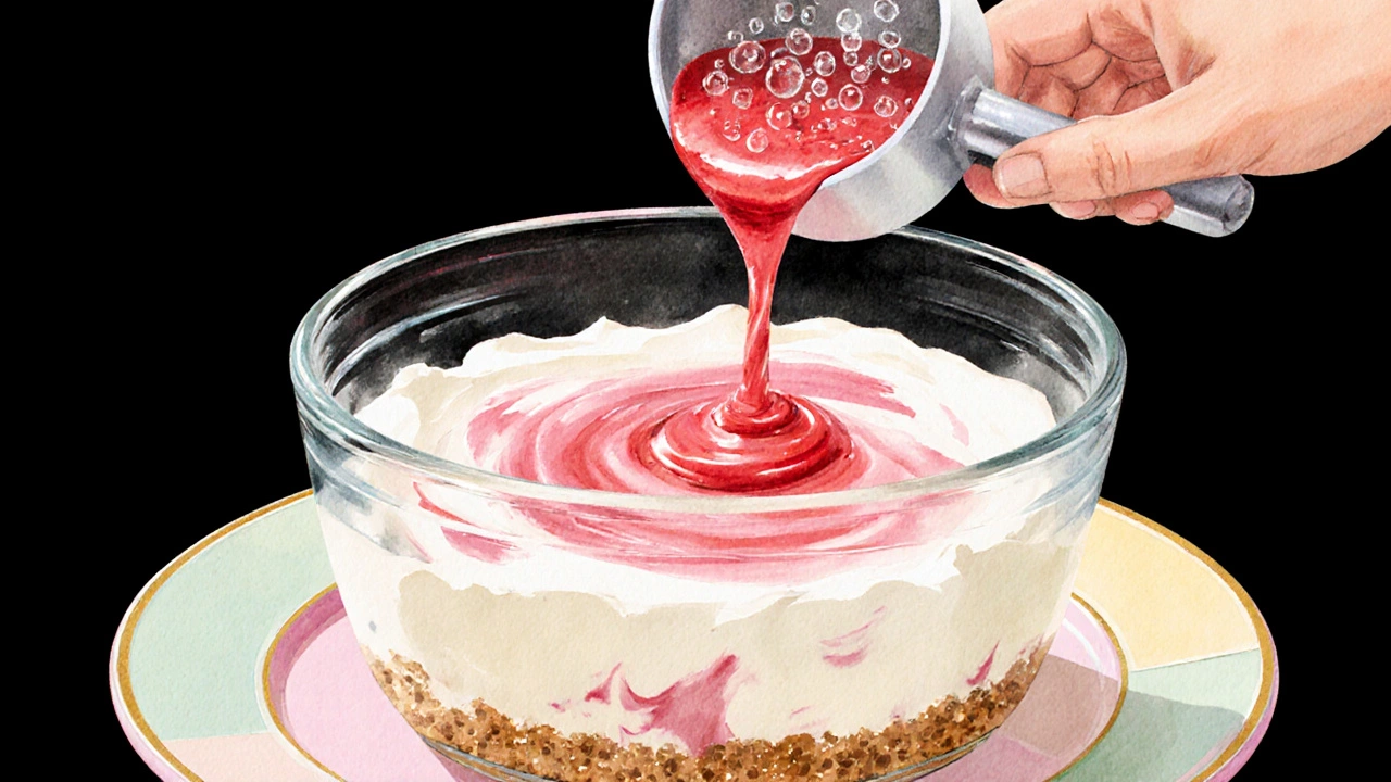 No‑bake strawberry swirl cheesecake mixture being poured onto a crust, with gelatin and whipped cream visible.