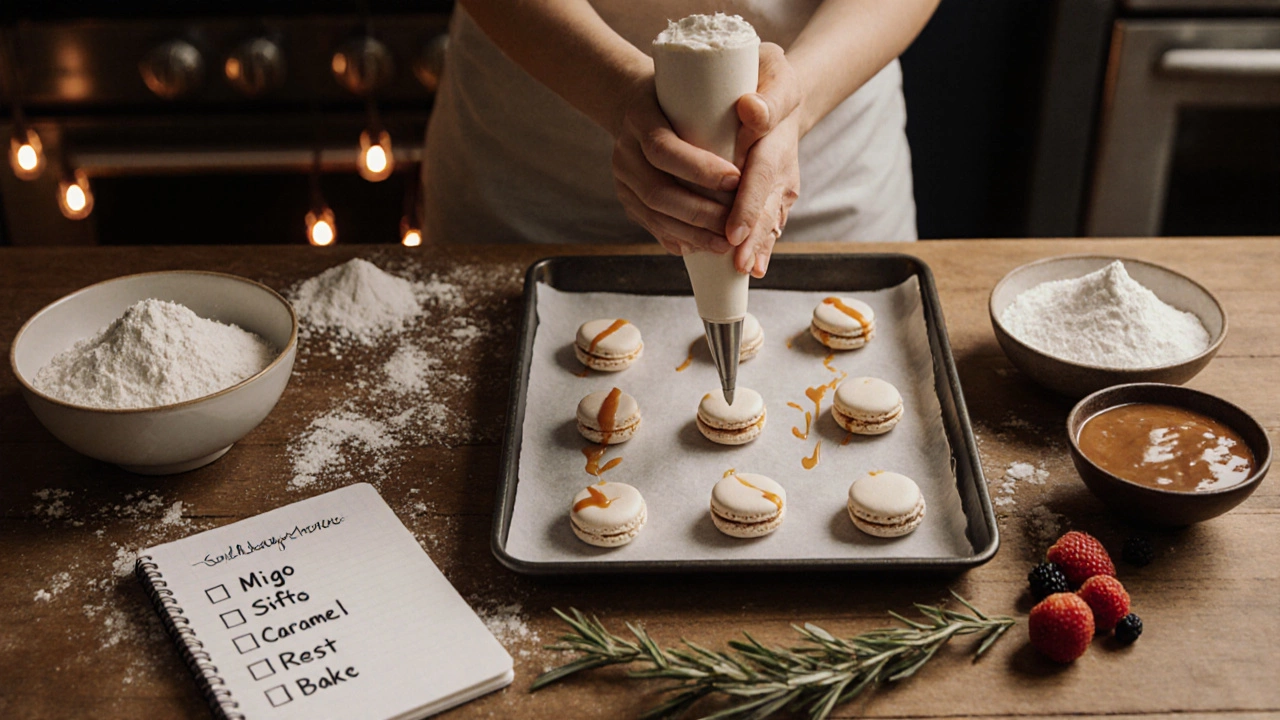 Overhead view of a kitchen where a baker prepares macarons with modern flavor ingredients.