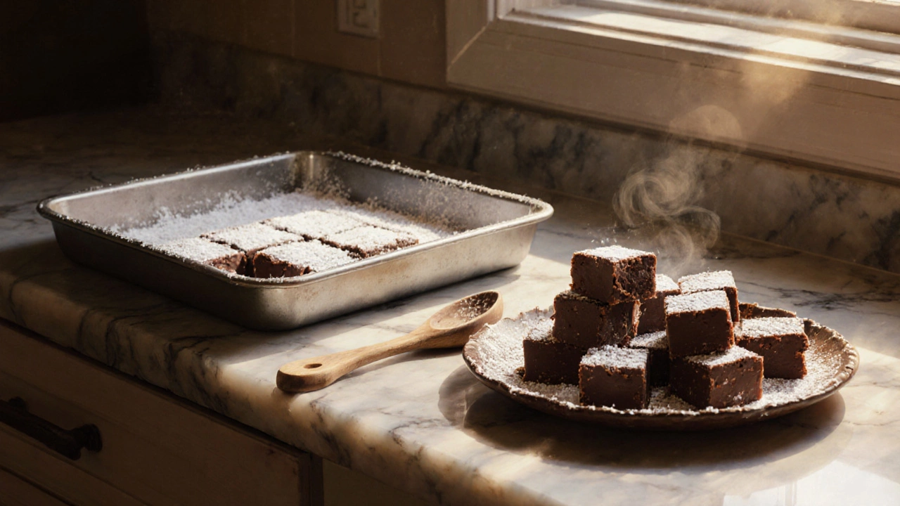 Plate of neatly cut fudge squares dusted with powdered sugar on a countertop with a wooden spoon nearby.