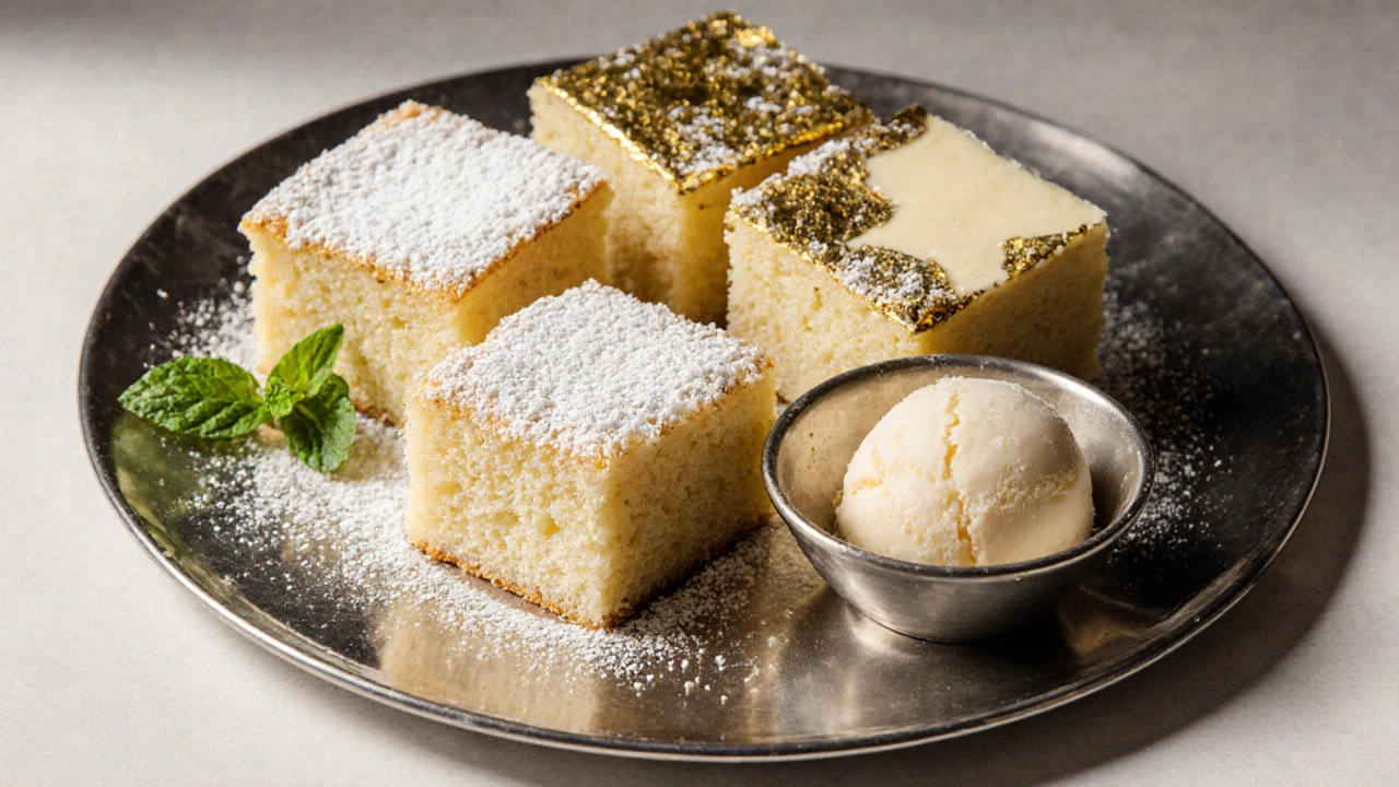 Plated cash cake squares with gold leaf and ice cream on a decorative platter.