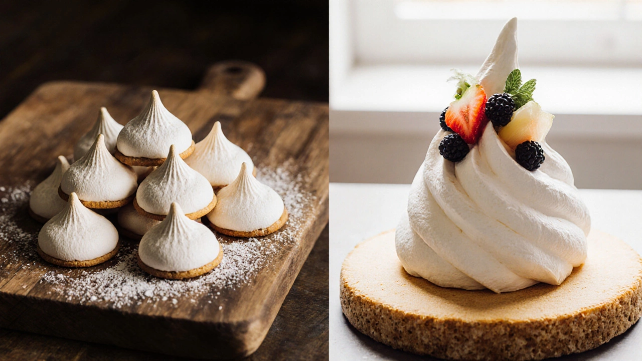 Side‑by‑side flat‑lay of meringue cookies and a large pavlova on a wooden board.
