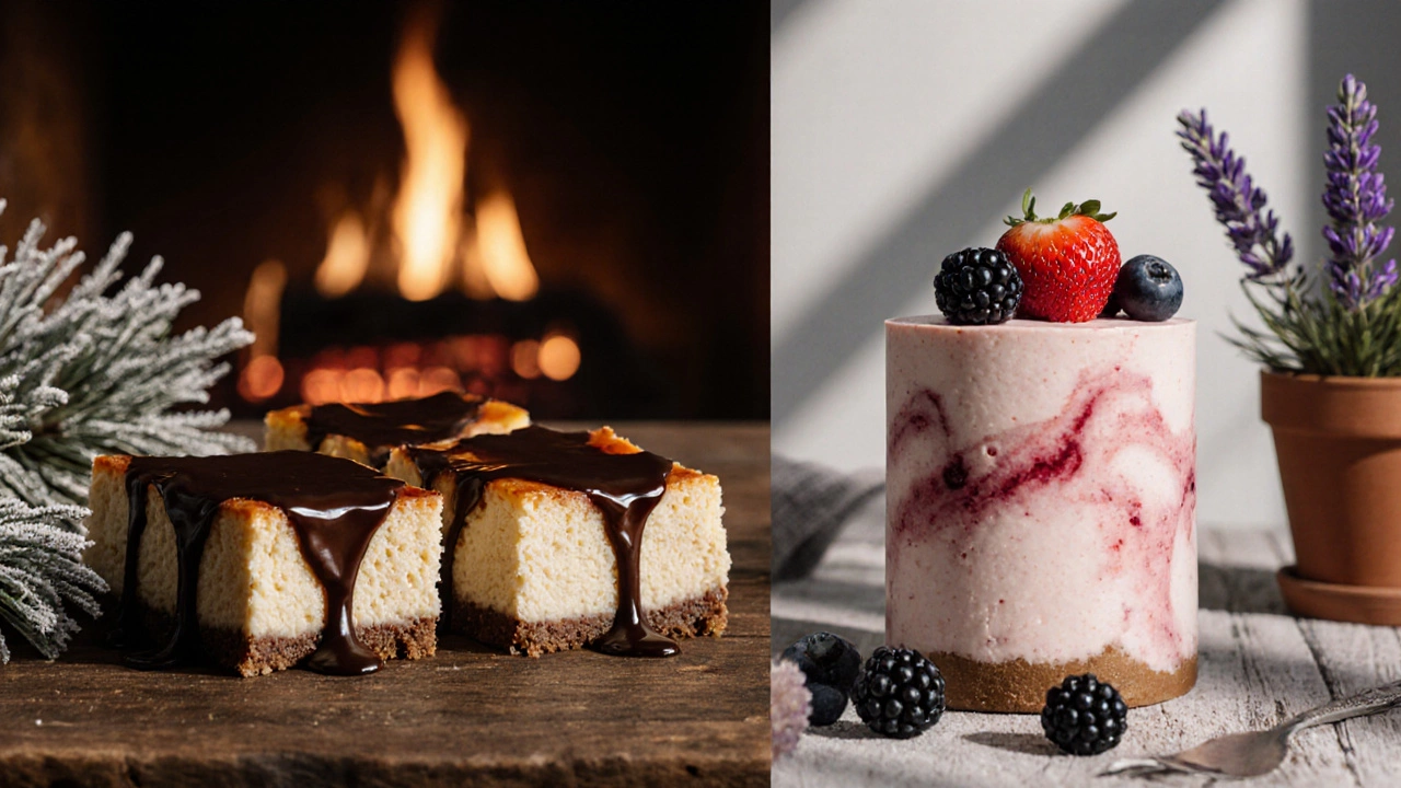 Side‑by‑side view of a sliced baked cheesecake and a chilled no‑bake cheesecake with fruit toppings on a wooden table.