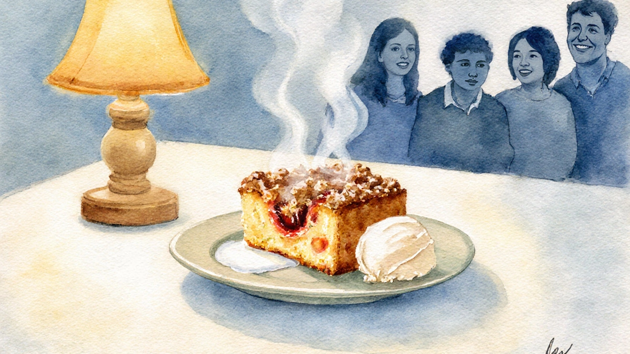 Slice of dump cake with ice cream on a plate, warm lighting, family gathering ambience.