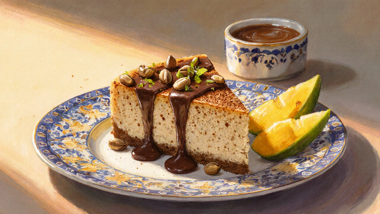 Slice of Mexican cheesecake on a tiled plate with chocolate drizzle and mango.