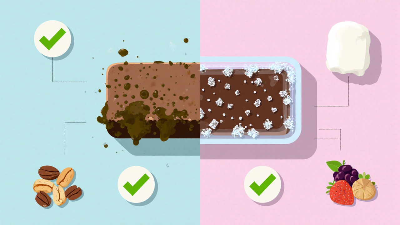 Split image showing spoiled fudge vs. properly stored fudge with icons.