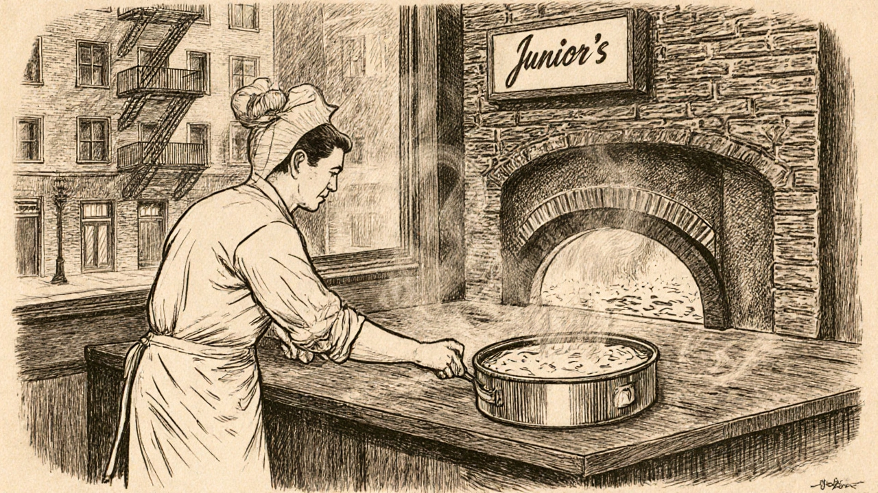 Vintage style drawing of Junior's 1950s Brooklyn kitchen with a baker preparing cheesecake in a water bath.