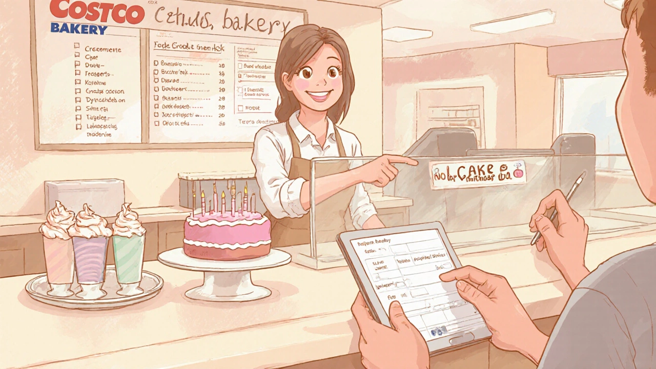 Warm illustration of a customer ordering a custom cake at the bakery counter.