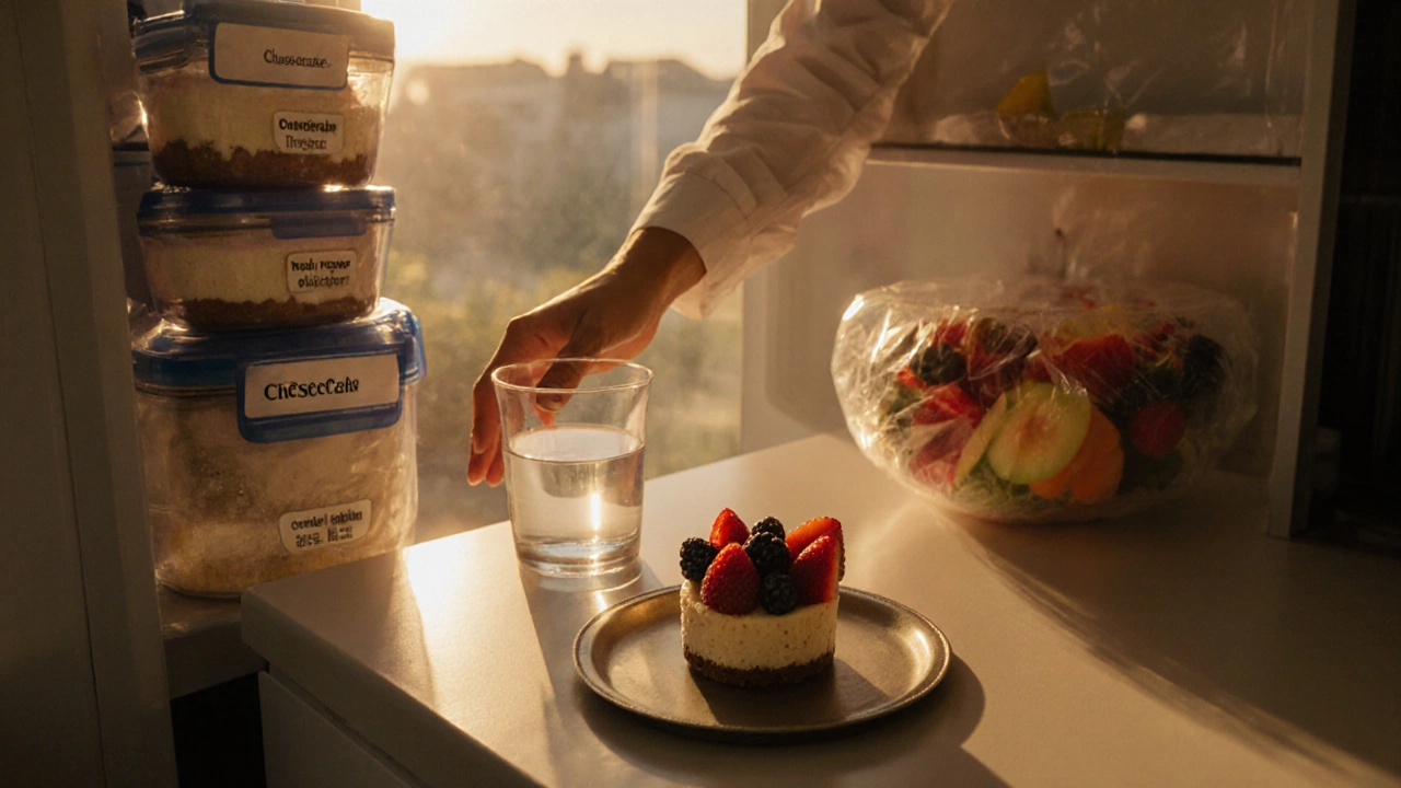 Warm kitchen scene with a mini healthy cheesecake, fruit bowl, and properly stored fridge cheesecake.