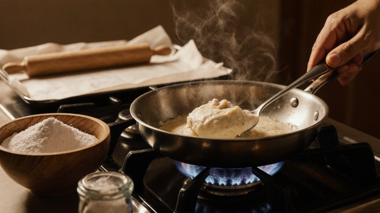 Warm kitchen view of making vegan Kaju Katli with coconut oil and cashew paste.