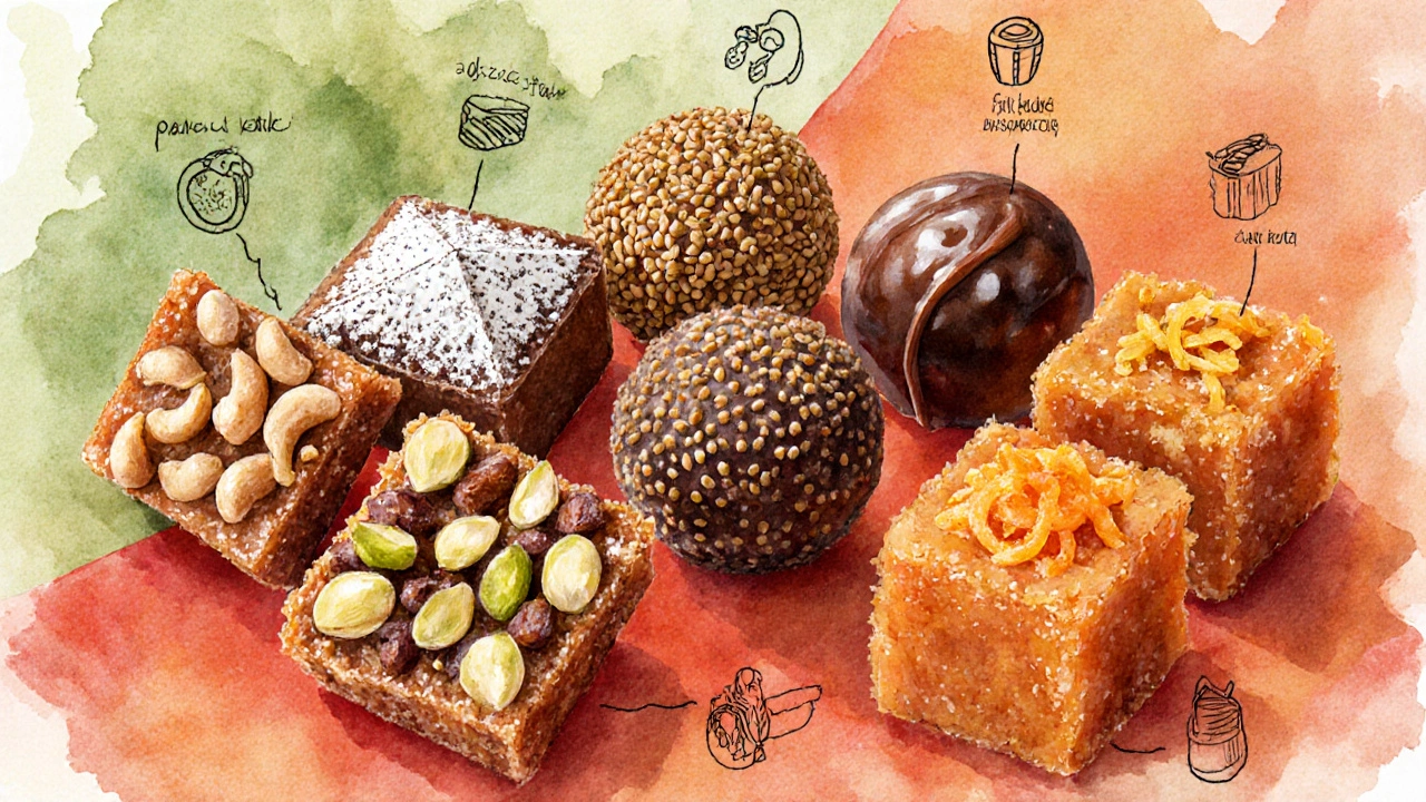 Watercolor fan of five vegan Indian sweets with ingredient icons.