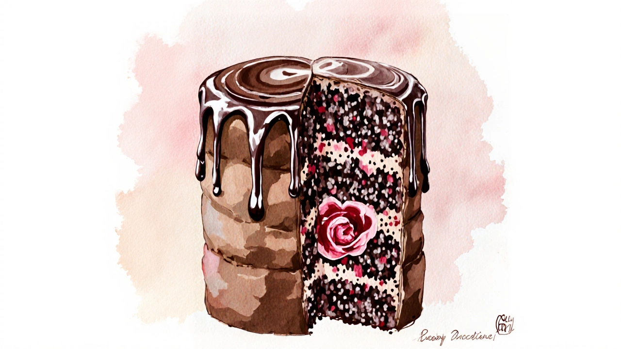 Watercolor illustration of a chocolate cake with ganache frosting and raspberry filling visible in cross‑section.