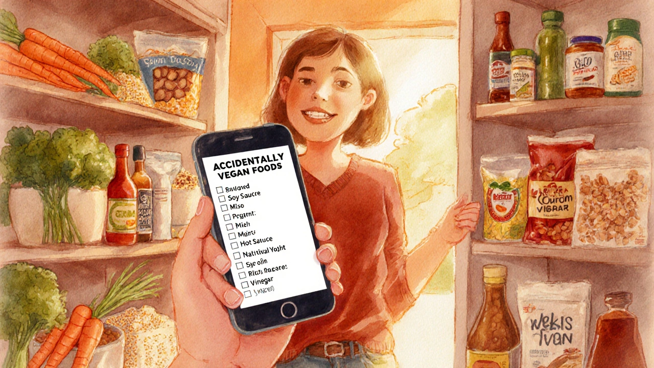 Watercolor kitchen pantry with person reviewing a vegan food checklist beside assorted items.