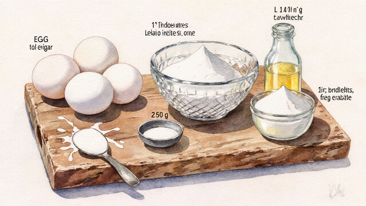 Watercolor layout of egg whites, caster sugar, cornstarch, vinegar, and lemon juice.