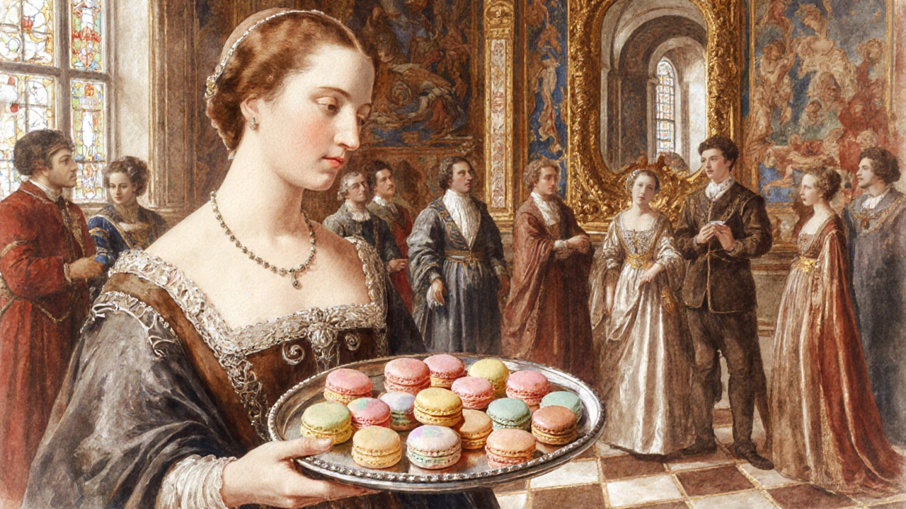 Watercolor of Catherine de’ Medici offering almond pastries to court in a golden palace.