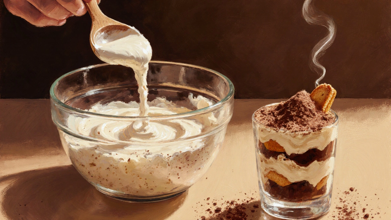 Whisking thawed mascarpone with cream beside a tiramisu dessert.