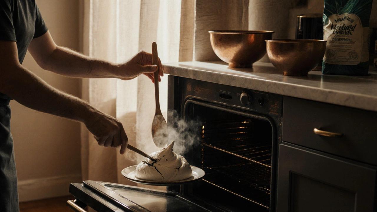A baker placing a pavlova into a turned-off oven with a wooden spoon propped open for slow cooling.