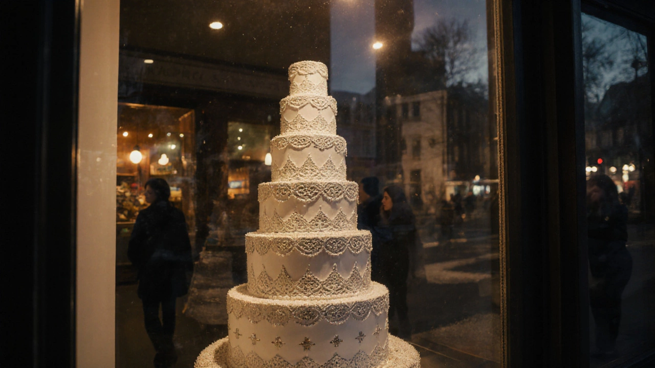 A bakery window display featuring a lifelike fake cake made of foam, illuminated by warm interior lights.