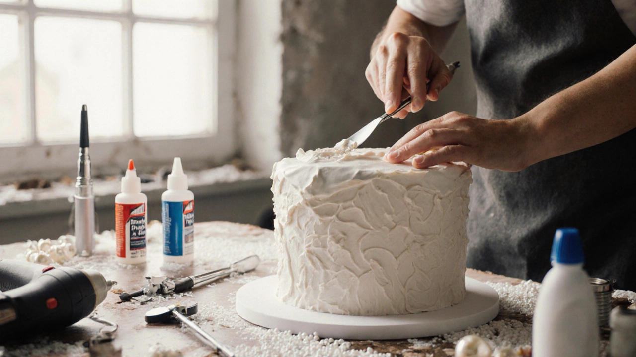 A cake decorator&#039;s hands covering a foam cake dummy with fondant, surrounded by decorating tools.