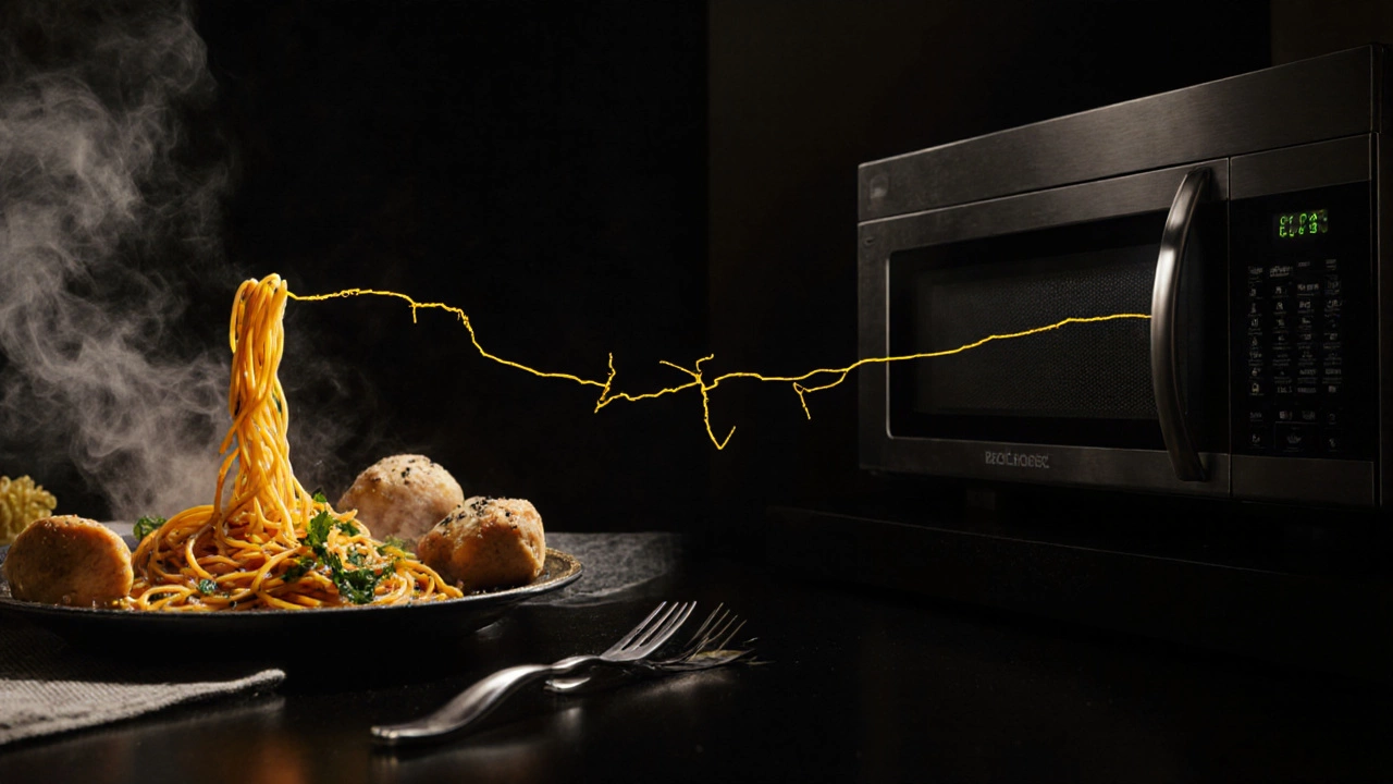 A golden spaghetti strand connecting a traditional Italian kitchen to a modern one, with a break in between.