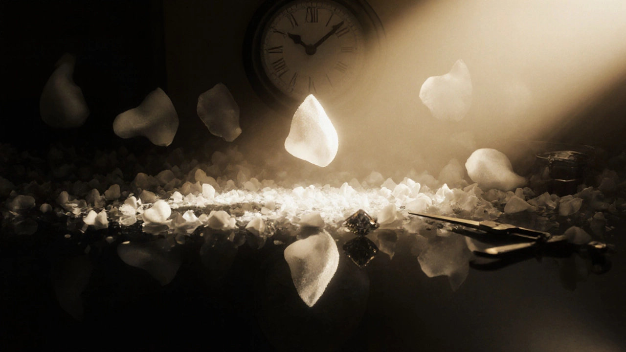 A single sugar petal floating in golden light, surrounded by faint echoes of tools and time.