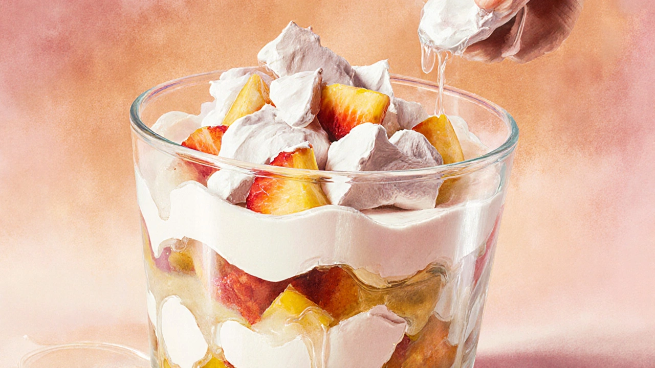 A trifle bowl layered with broken pavlova pieces, cream, and fruit, showing moisture blending in.