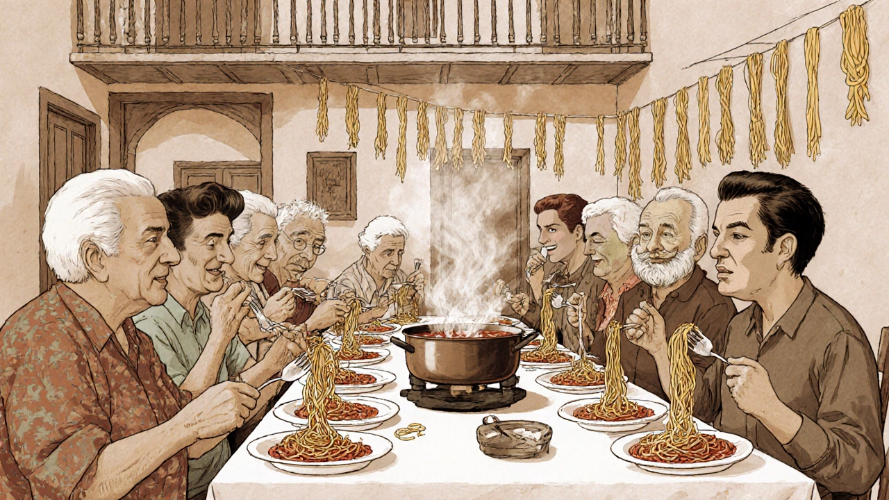 A vintage family dinner in Naples with everyone eating spaghetti using only forks.