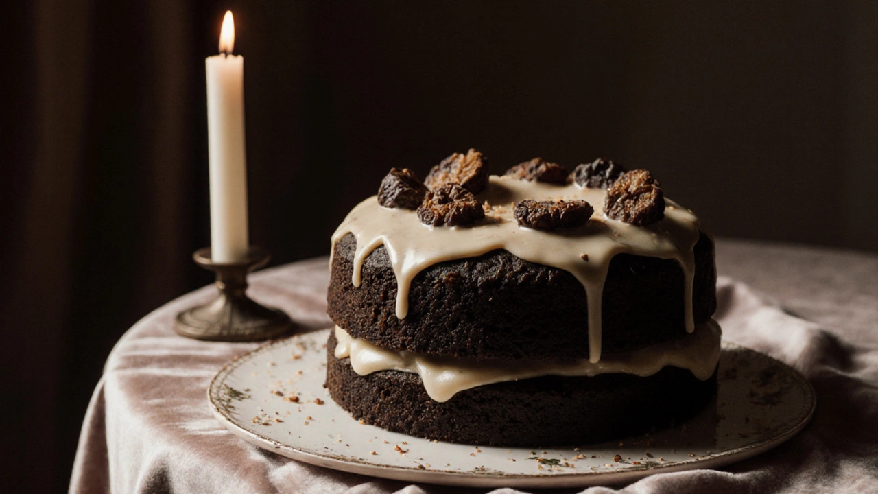 Dark fruitcake with marzipan and icing, lit by a single candle on a velvet table.