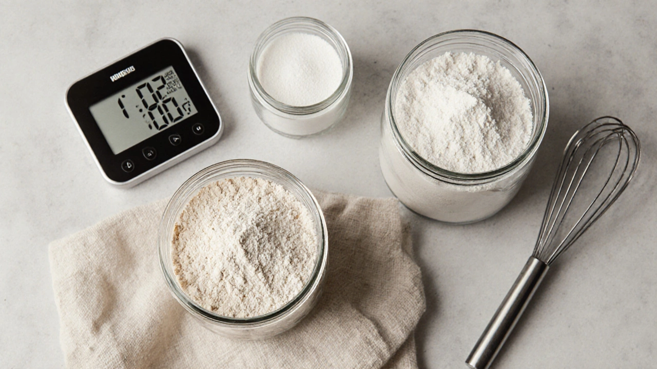 Gluten-free flours and baking tools on a counter with a digital scale.